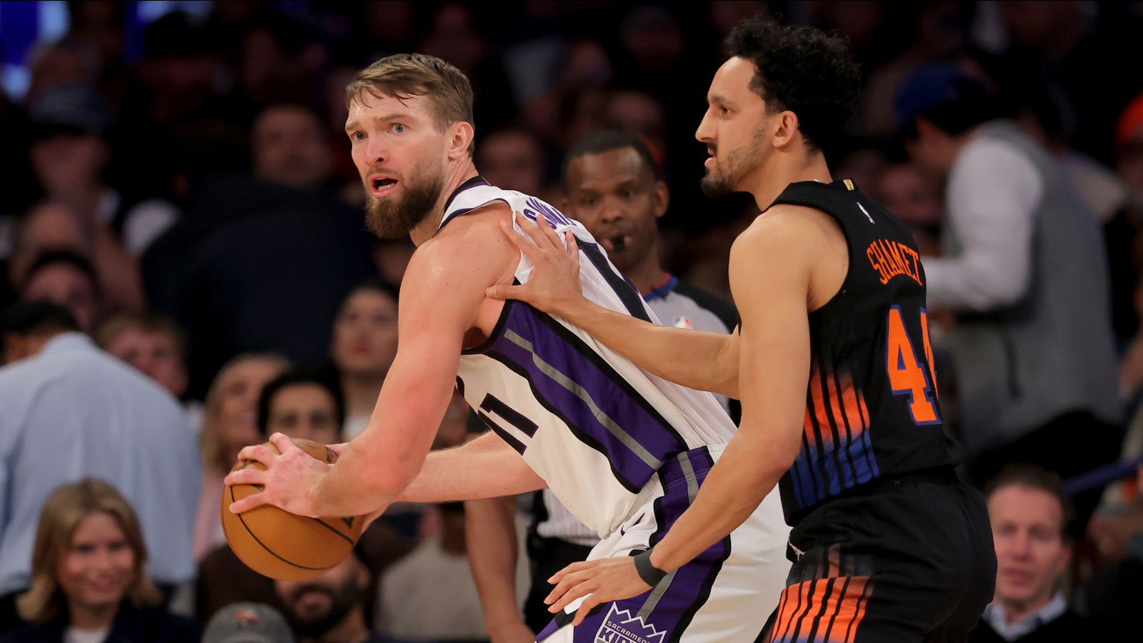 Kings forward Domantas Sabonis (11) controls the ball against New York Knicks guard Landry Shamet (44) during the first quarter at Madison Square Garden