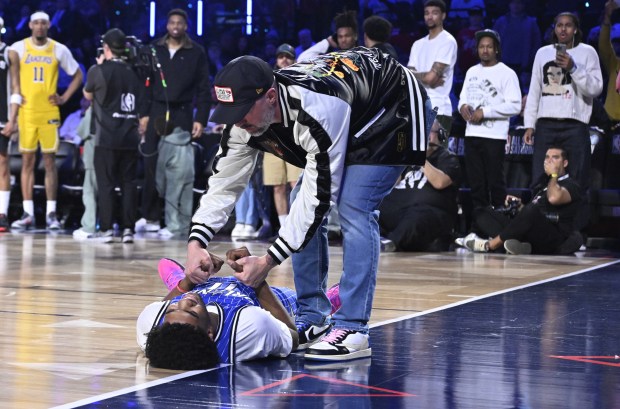Jase Richardson of the Orlando Magic falls in the second round during the Slam Dunk competition during NBA All-Star Saturday at Intuit Dome in Inglewood on Saturday, February 14, 2026. (Photo by Keith Birmingham, Pasadena Star-News/ SCNG)