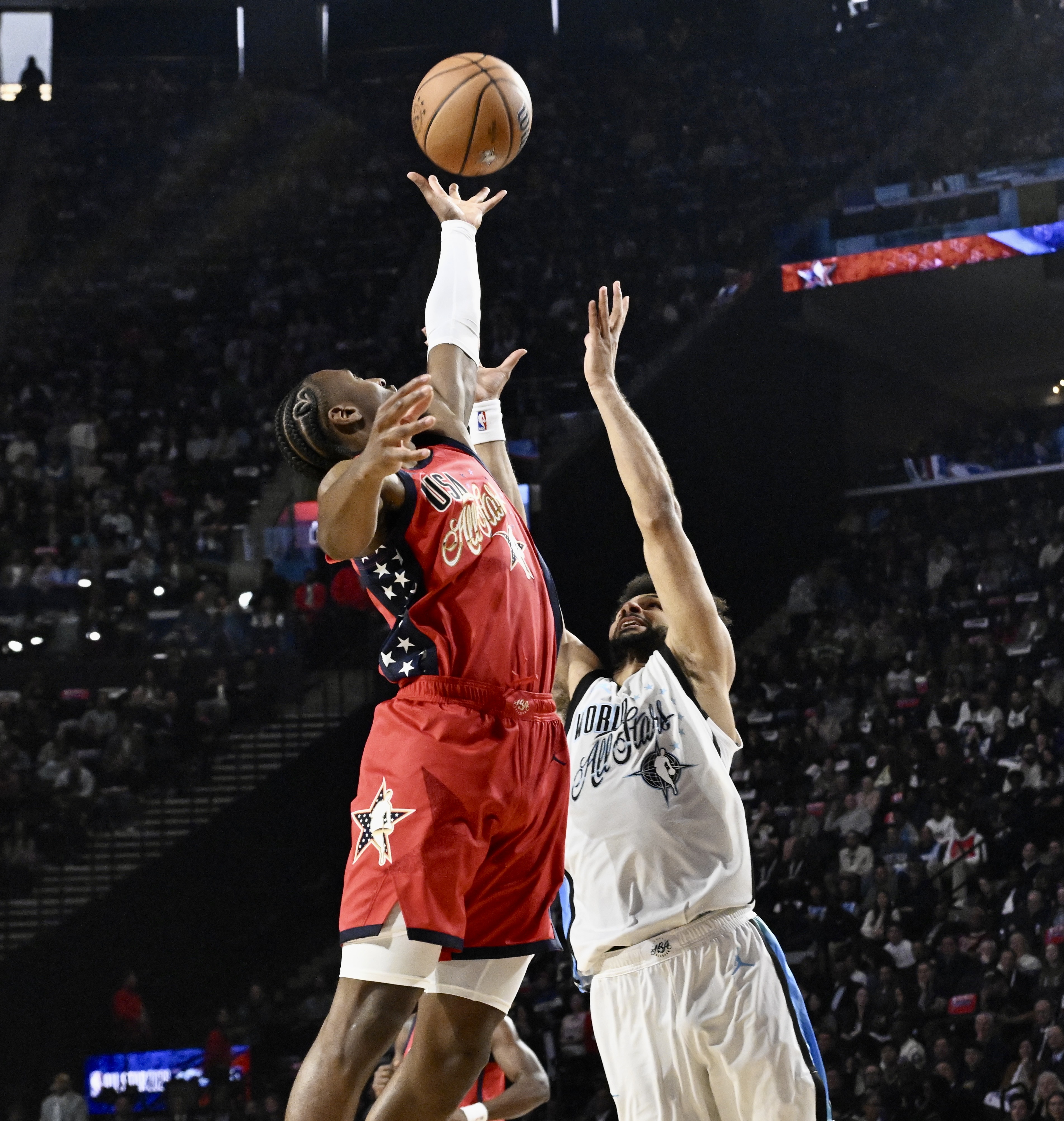 Philadelphia 76ers guard Tyrese Maxey of Team USA Stars, left,...