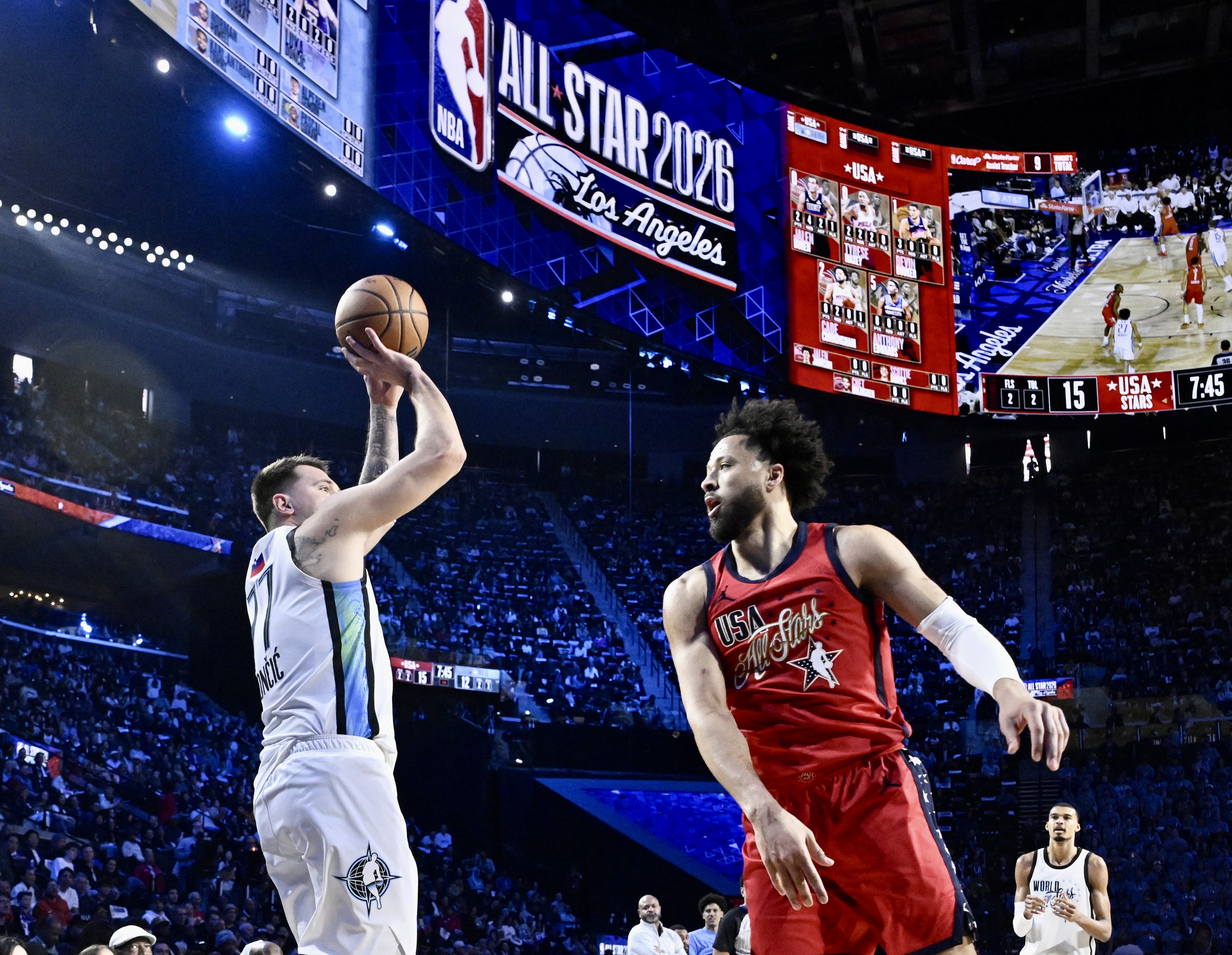 Lakers star Luka Doncic of Team World shoots in front...