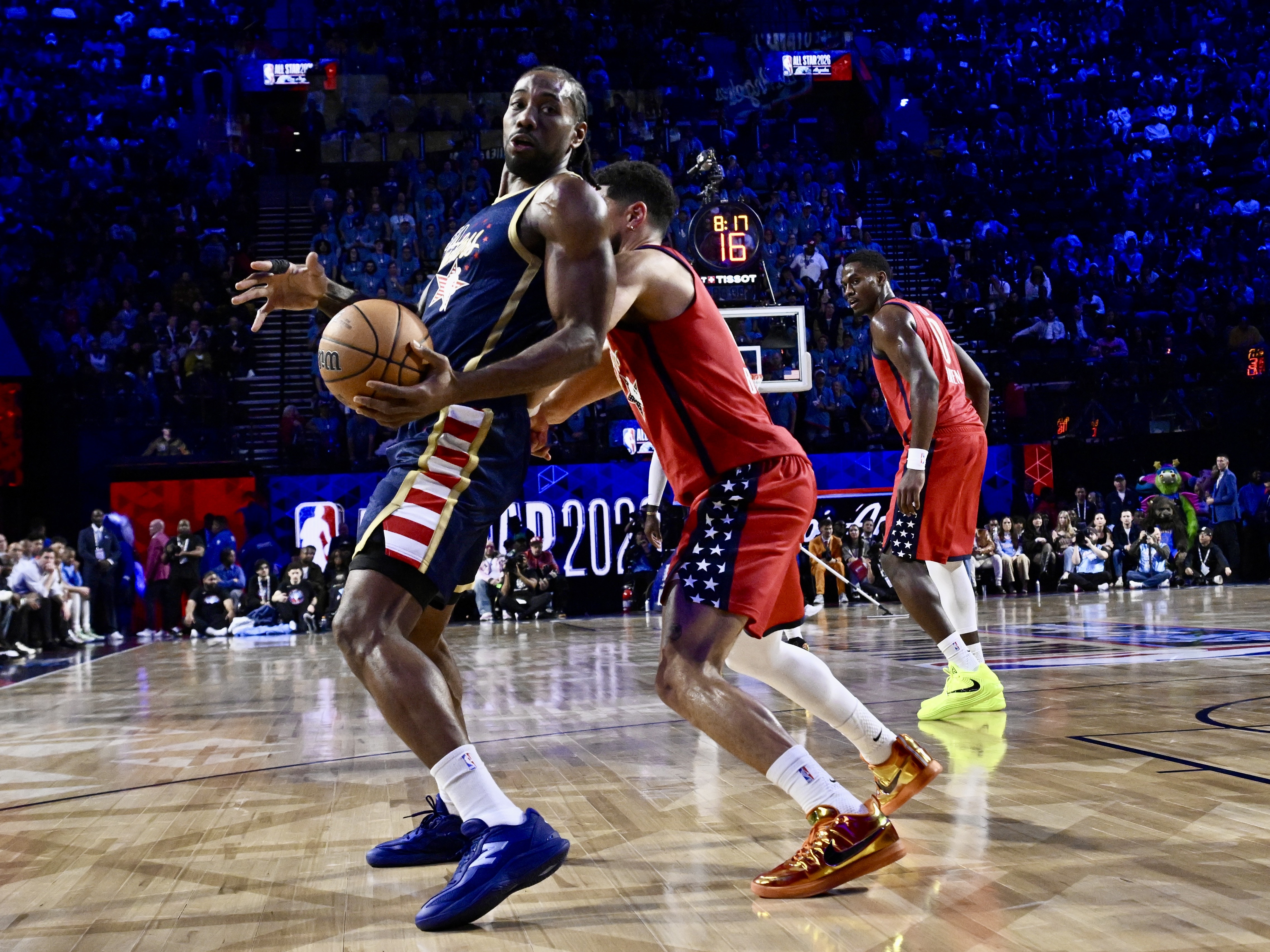 Clippers star Kawhi Leonard of Team USA Stripes controls the...