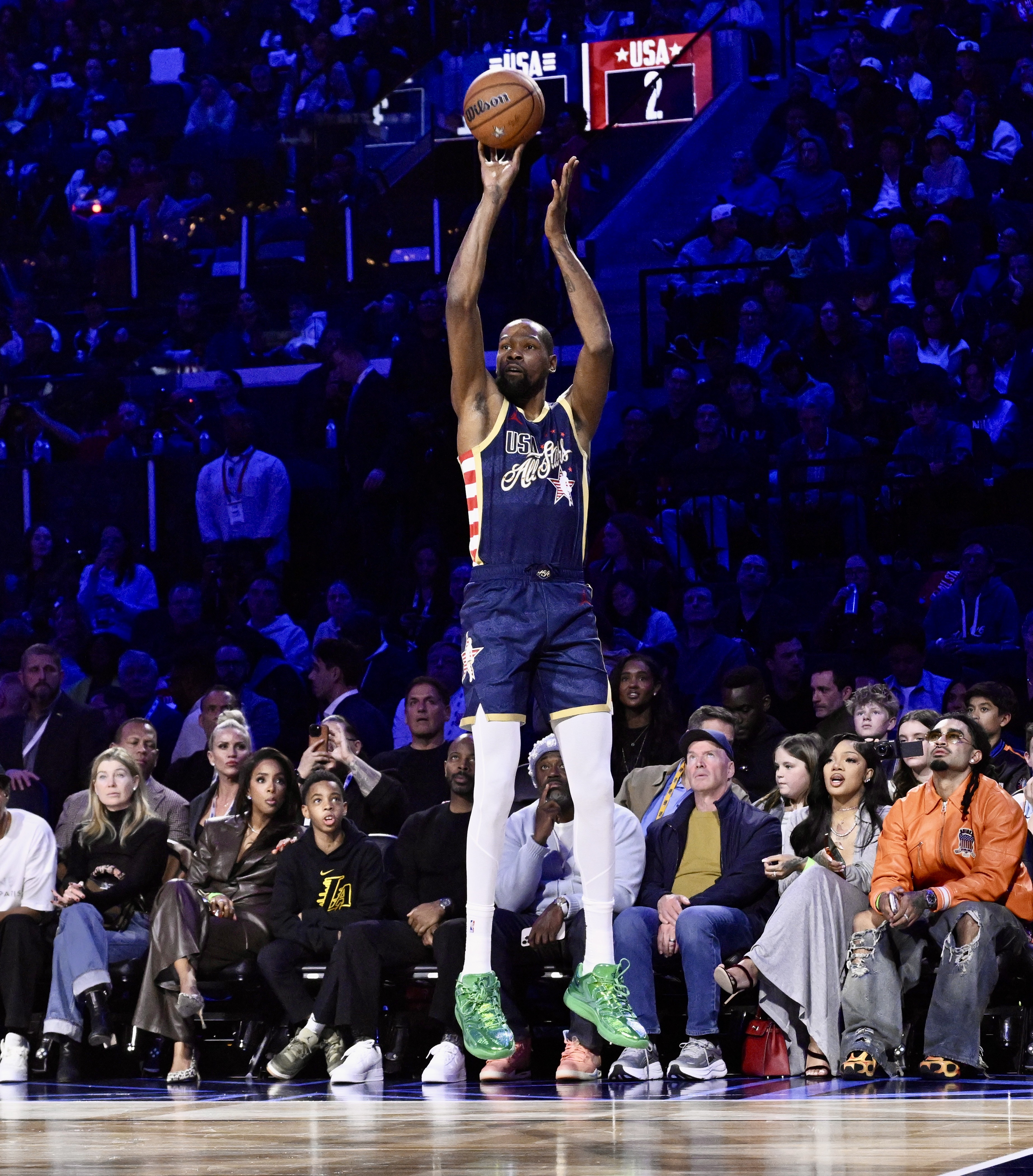 Houston Rockets star Kevin Durant of Team USA Stripes takes...