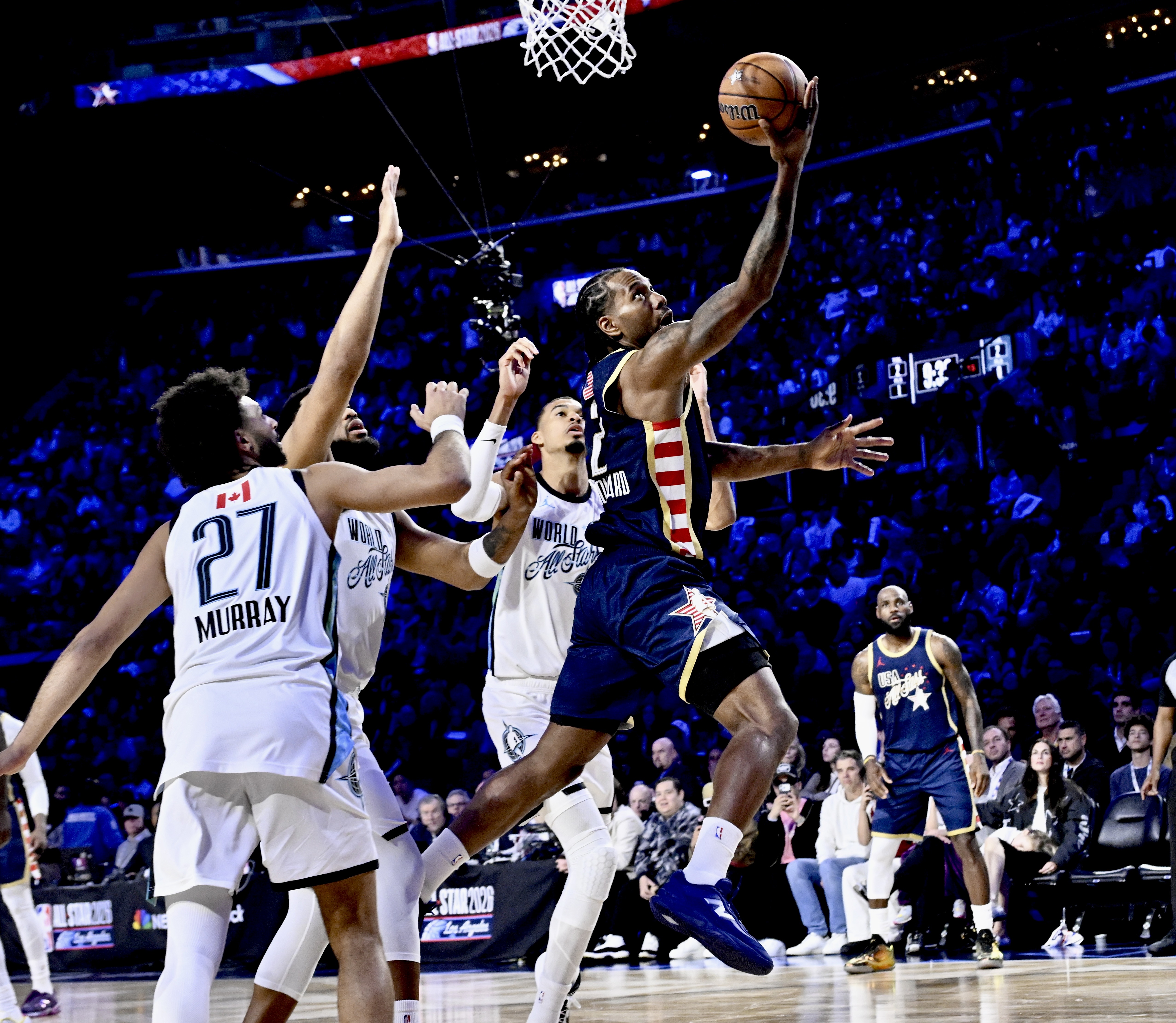 Clippers forward Kawhi Leonard of Team USA Stripes gets to...