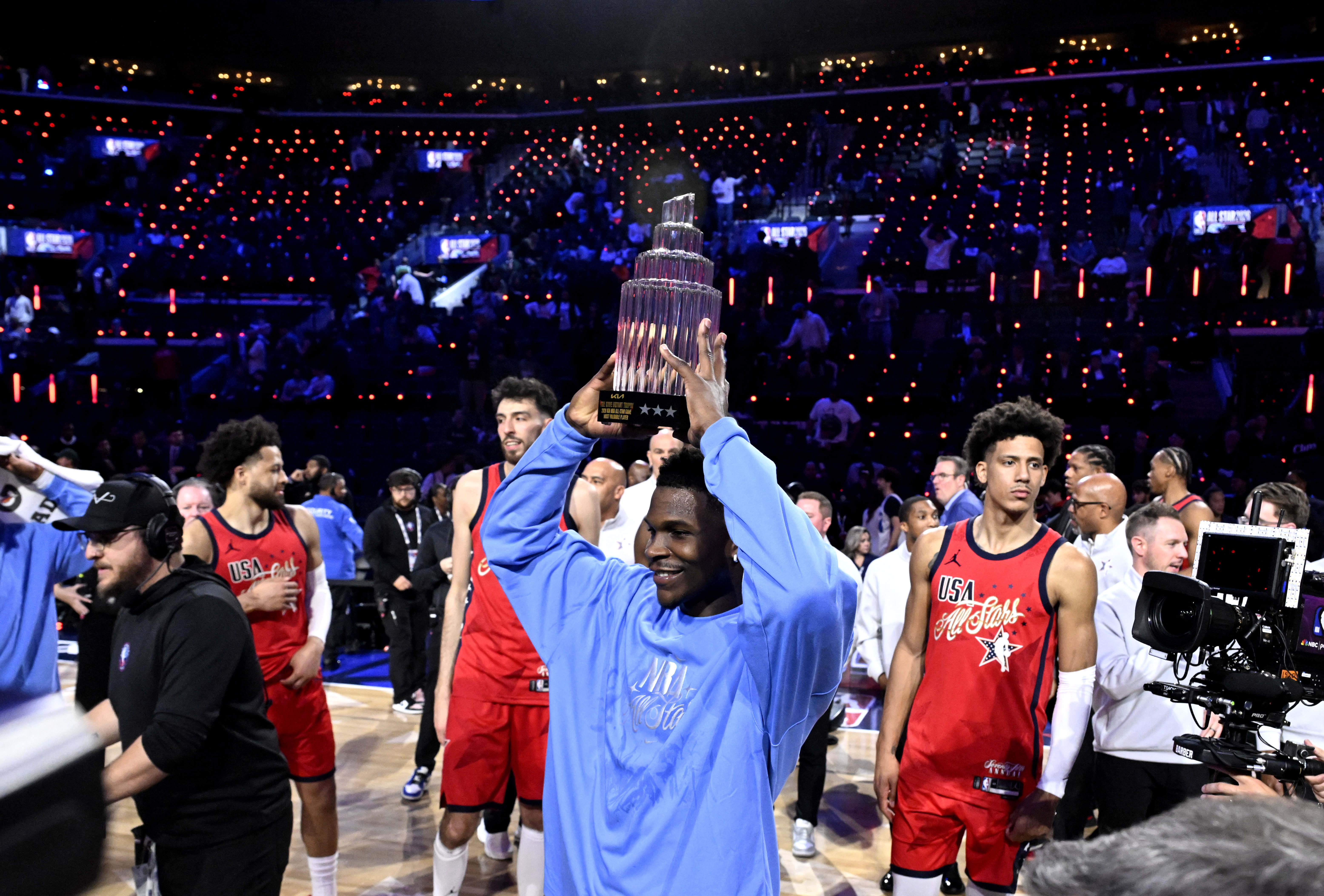 Minnesota Timberwolves guard Anthony Edwards of Team USA Stars holds...