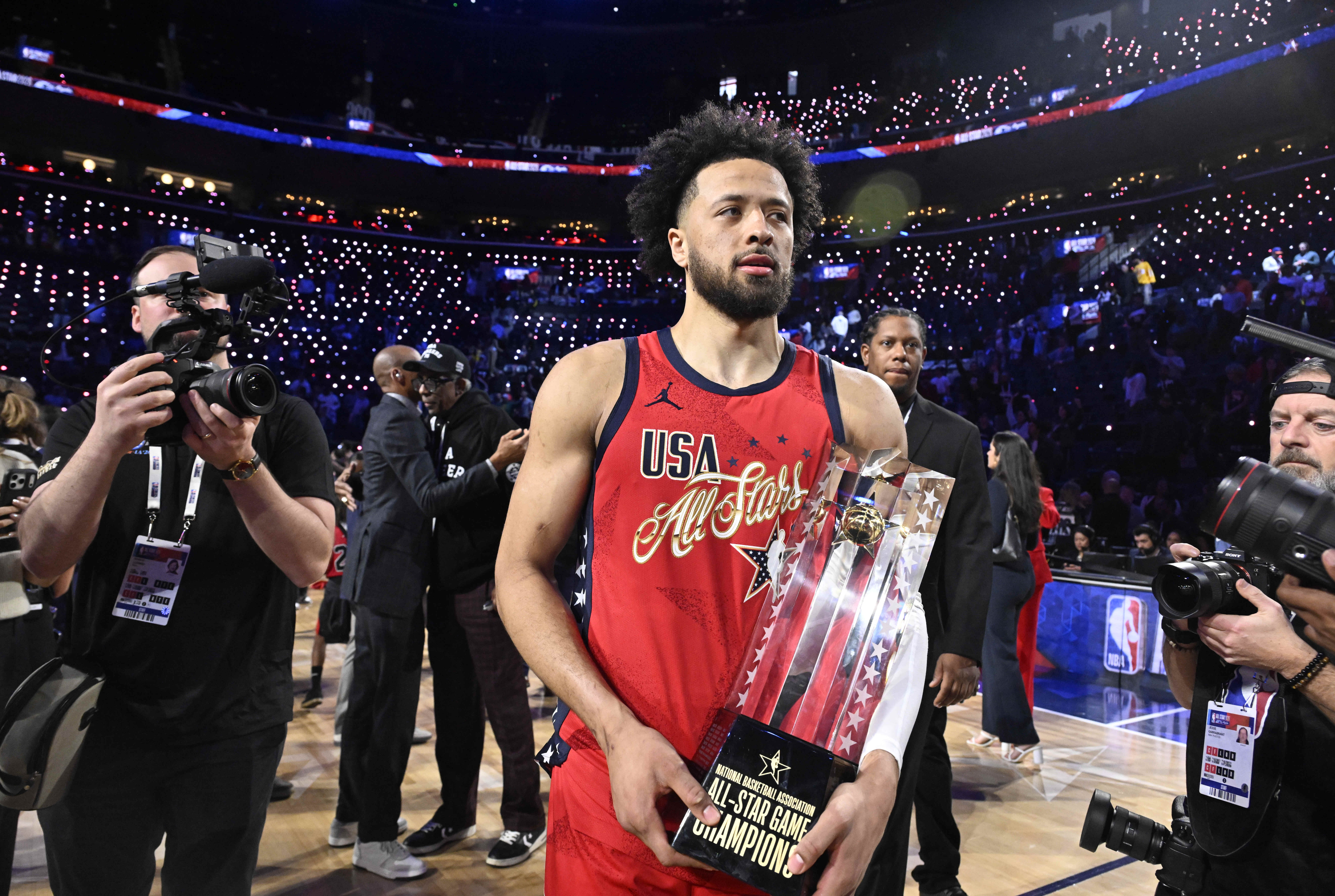 Detroit Pistons guard Cade Cunningham of Team USA Stars holds...