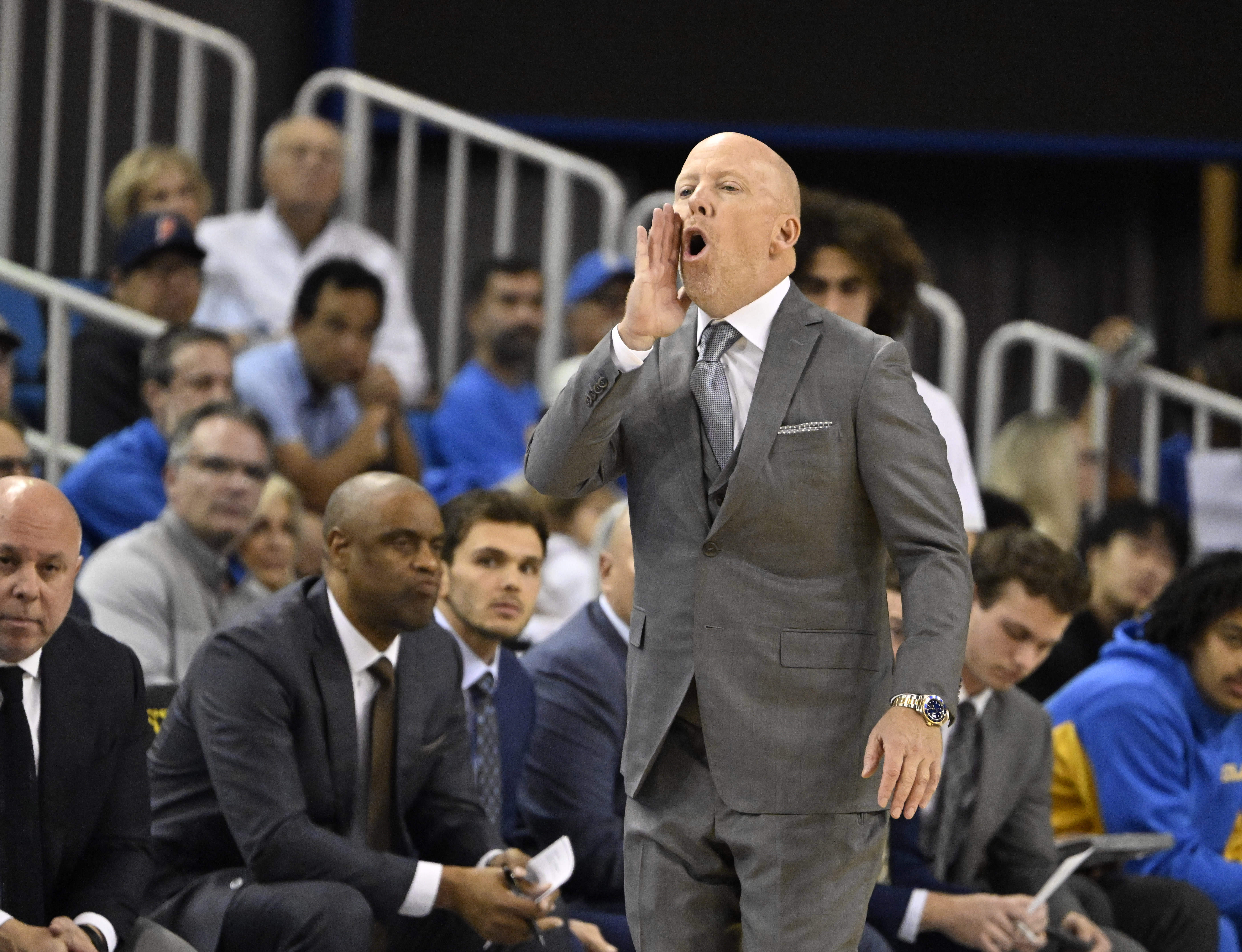 Head coach Mick Cronin of the UCLA Bruins react against...