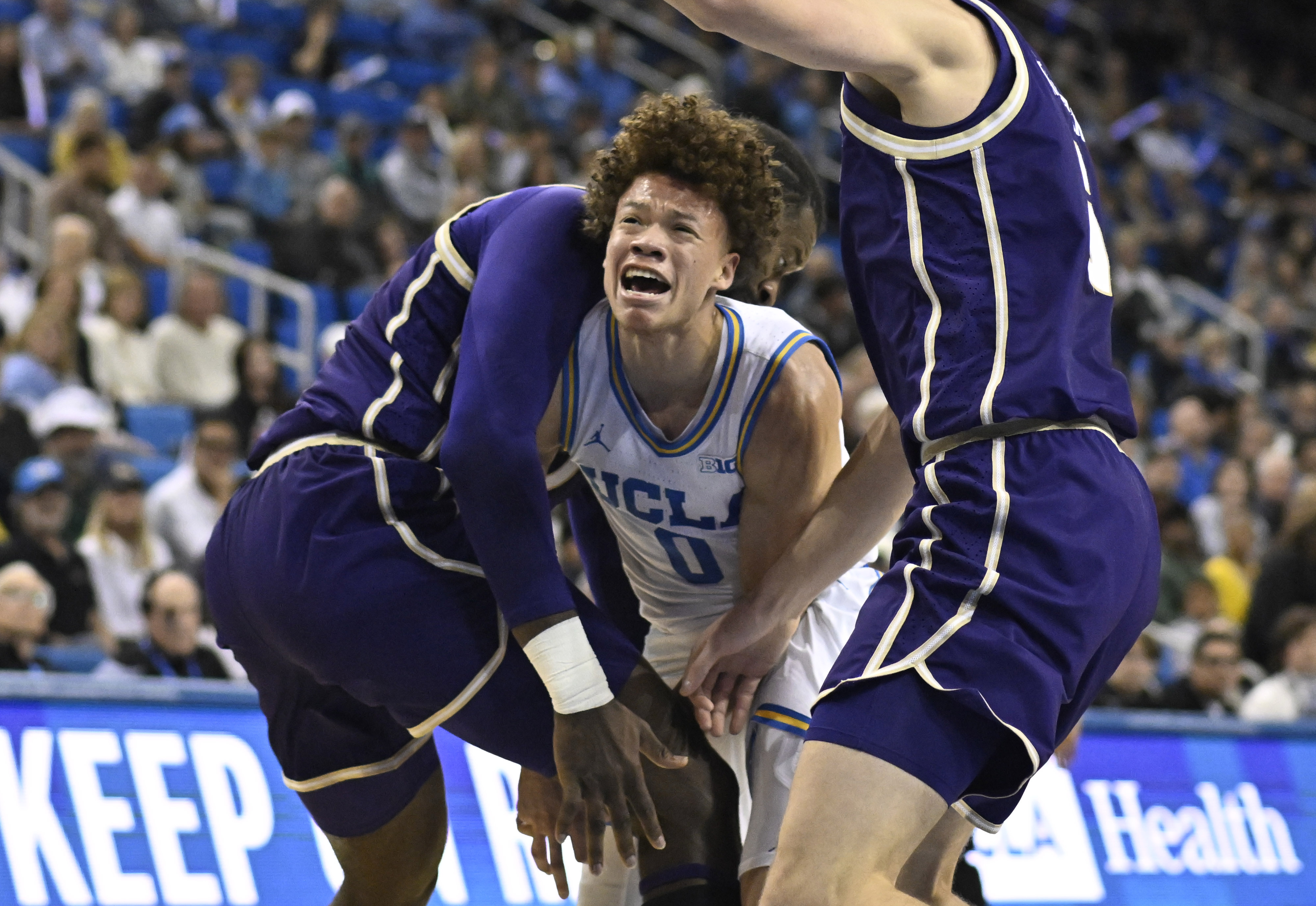 Guard Trent Perry #0 of the UCLA Bruins drives to...