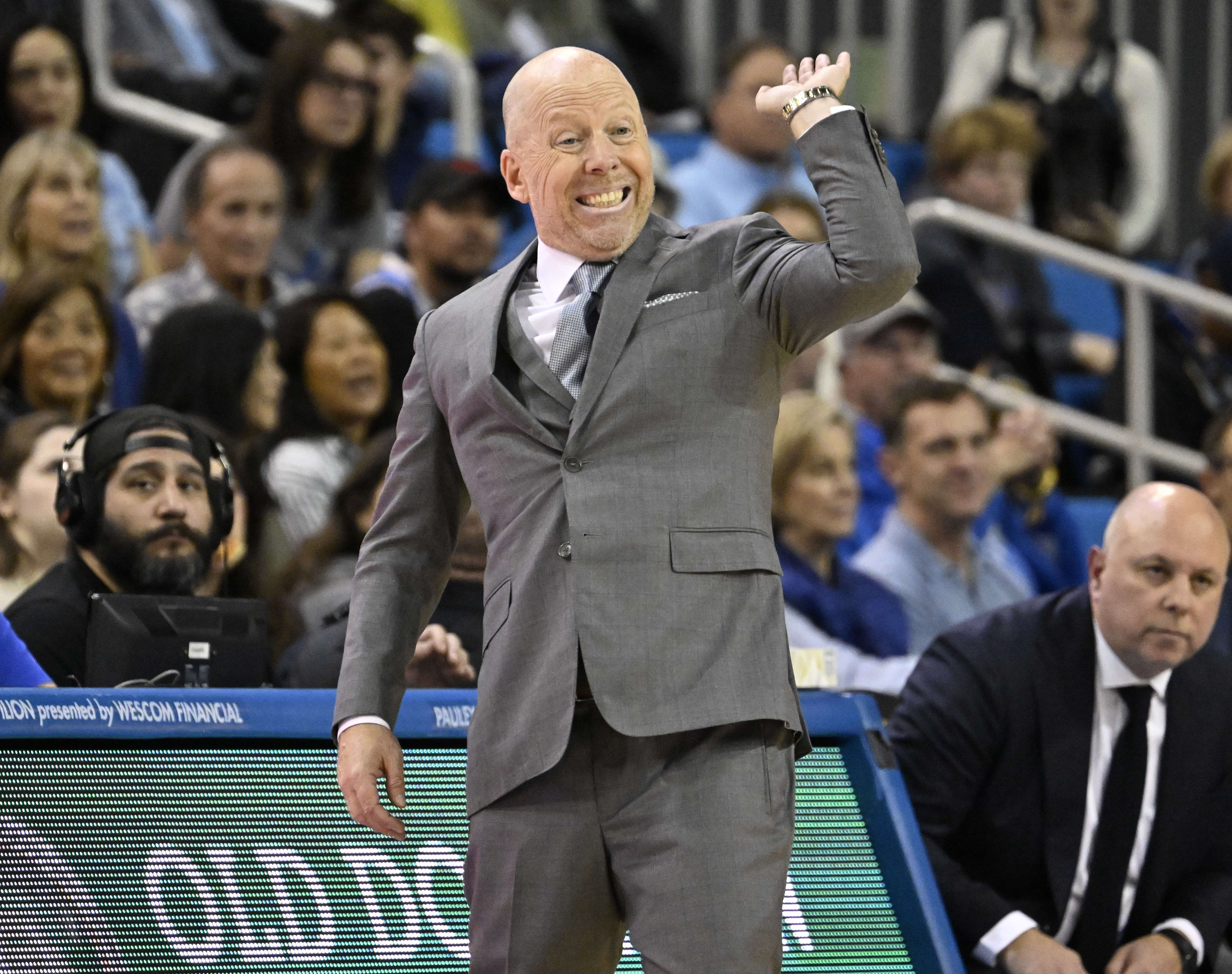 Head coach Mick Cronin of the UCLA Bruins reacts against...