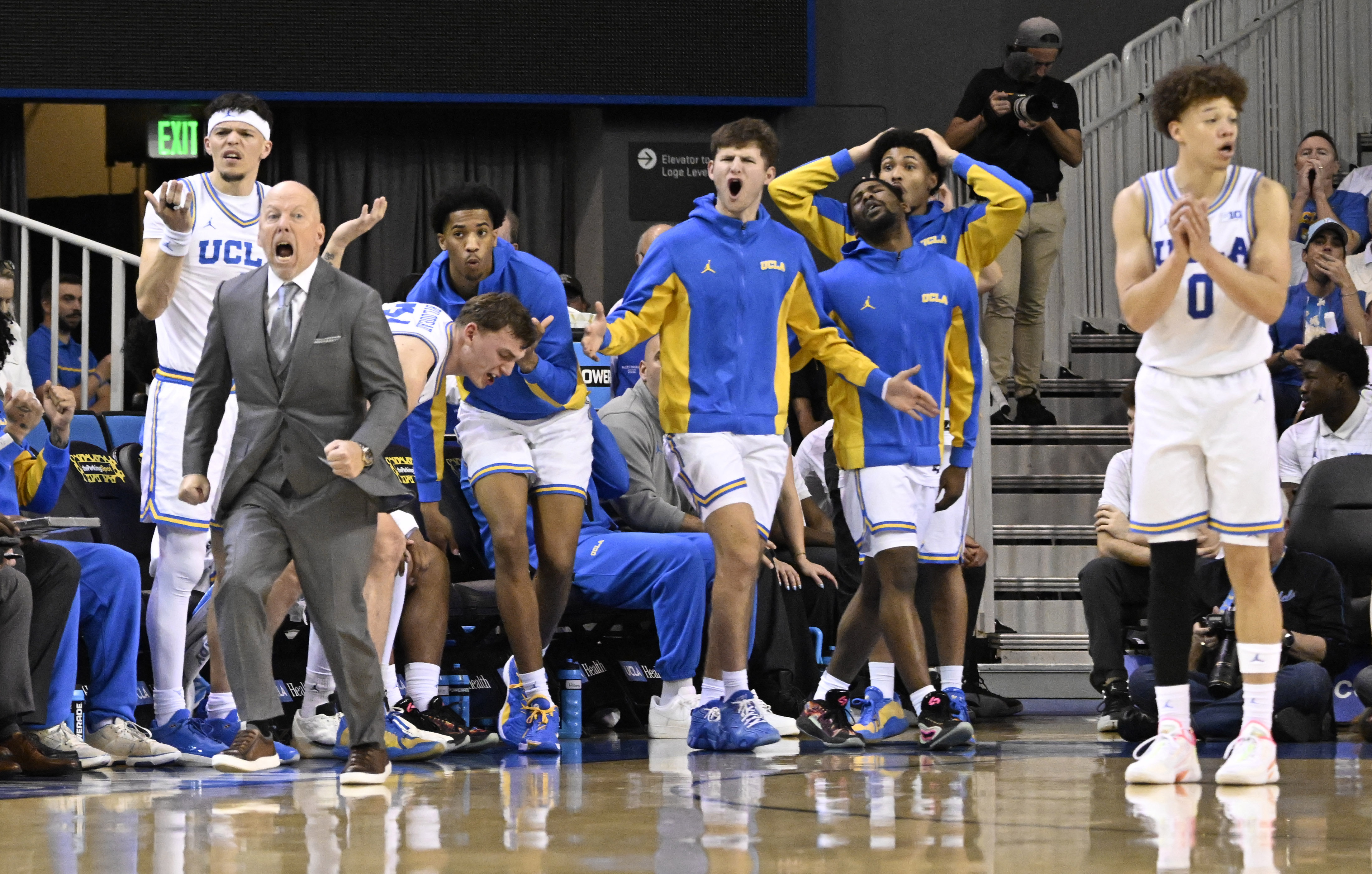 Head coach Mick Cronin of the UCLA Bruins reacts against...