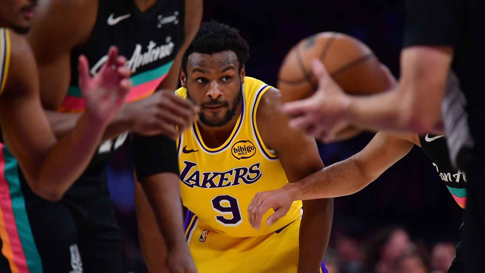 Los Angeles Lakers guard Bronny James (9) before the jump ball against the San Antonio Spurs during the second half at Crypto.com Arena.