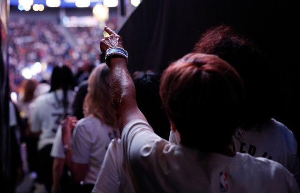 The Hardwood Classics, the senior dance team for the Golden State Warriors, wait to head onto the court for their performance before the start of the fourth quarter during the game between the Utah Jazz and the Golden State Warriors at the Chase Center in San Francisco, Calif., on Monday, Nov. 24, 2025. (Nhat V. Meyer/Bay Area News Group)