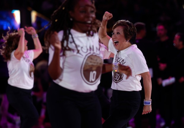 The Hardwood Classics, the senior dance team for the Golden State Warriors, including Carol Uyeda, right, perform before the start of the fourth quarter during the game between the Utah Jazz and the Golden State Warriors at the Chase Center in San Francisco, Calif., on Monday, Nov. 24, 2025. (Nhat V. Meyer/Bay Area News Group)
