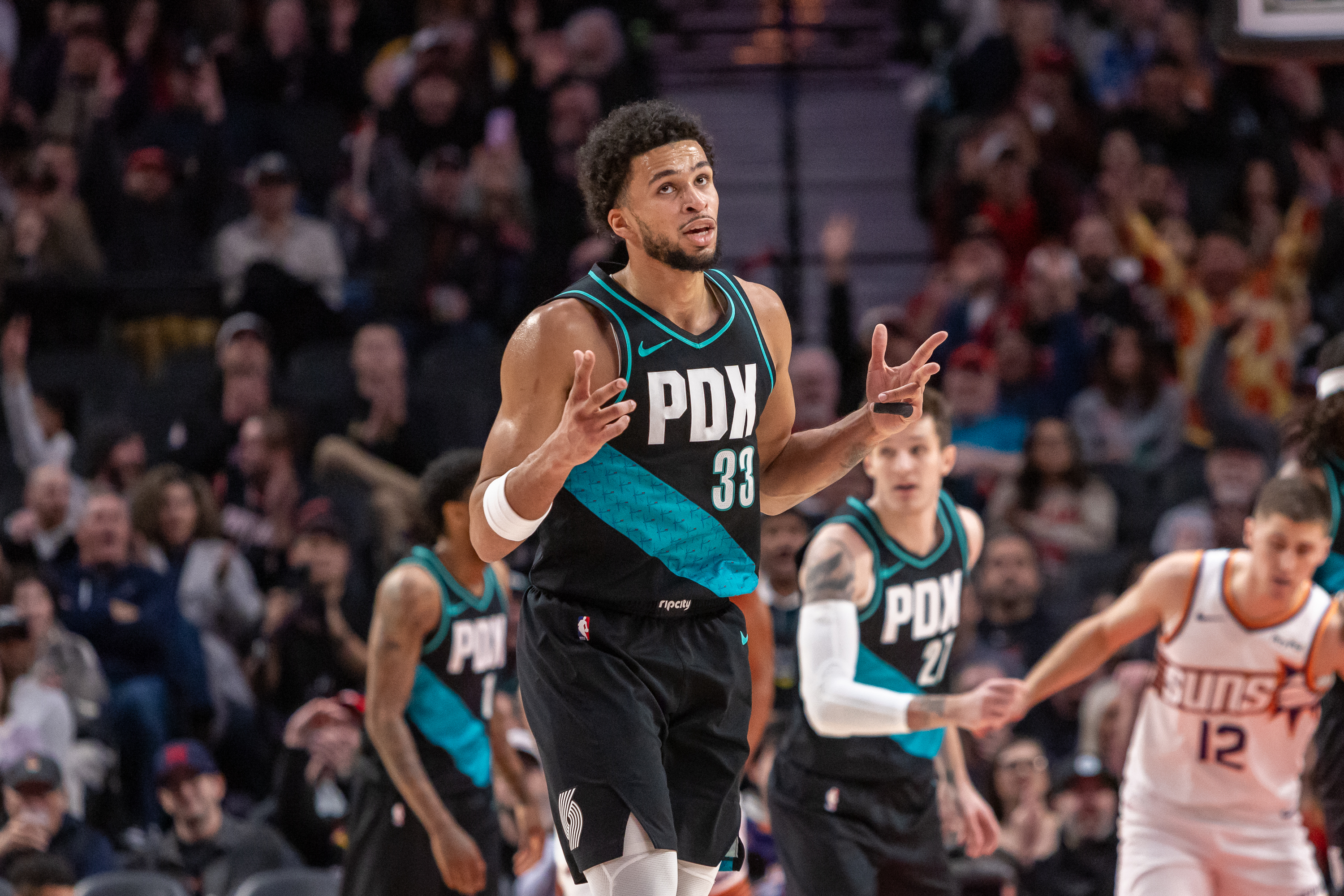 Portland Trail Blazers forward Toumani Camara reacts after knocking down a three-pointer during an NBA game against the Phoenix Suns at Moda Center on Tuesday, Feb. 3, 2026.