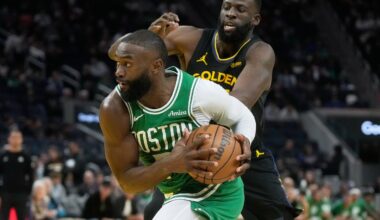 Jaylen Brown had a triple double in San Francisco on Thursday night, leaving Draymond Green (rear) and the Warriors in their dust.