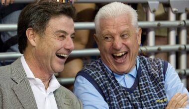 Rick Pitino (left) and Mr. Donovan (right) enjoyed a college basketball game together in 2009.