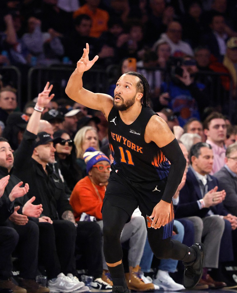 New York Knicks guard Jalen Brunson reacts after hitting a three-point shot in the first half at Madison Square Garden in New York, New York, Tuesday, January 27, 2026.
