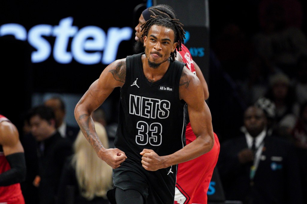 Noah Clowney, flexing during the Nets' win over the Bulls earlier in the week, did not play in their 115-110 loss to the Pacers on Feb. 11, 2026 at Barclays Center.