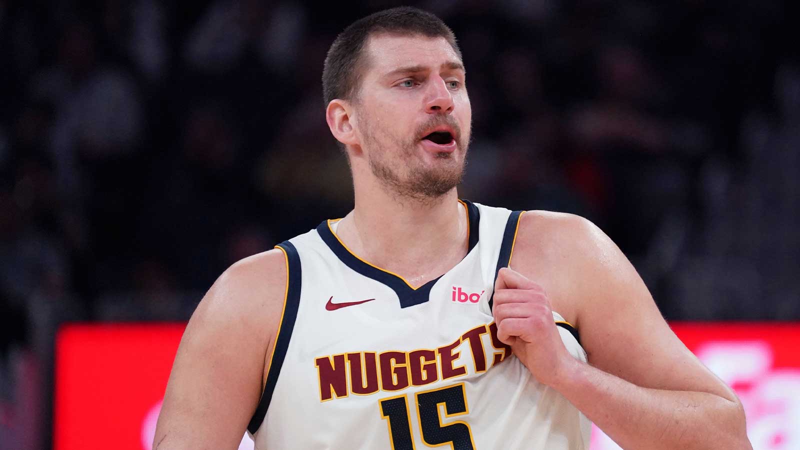Denver Nuggets center Nikola Jokic (15) complains to an official during a game against the Golden State Warriors in the third quarter at Chase Center.