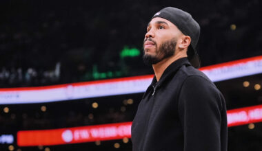 Boston Celtics forward Jayson Tatum stands near the bench during a time out in the first half of an NBA basketball game against the Denver Nuggets, Wednesday, Jan. 7, 2026, in Boston. (Charles Krupa/AP)