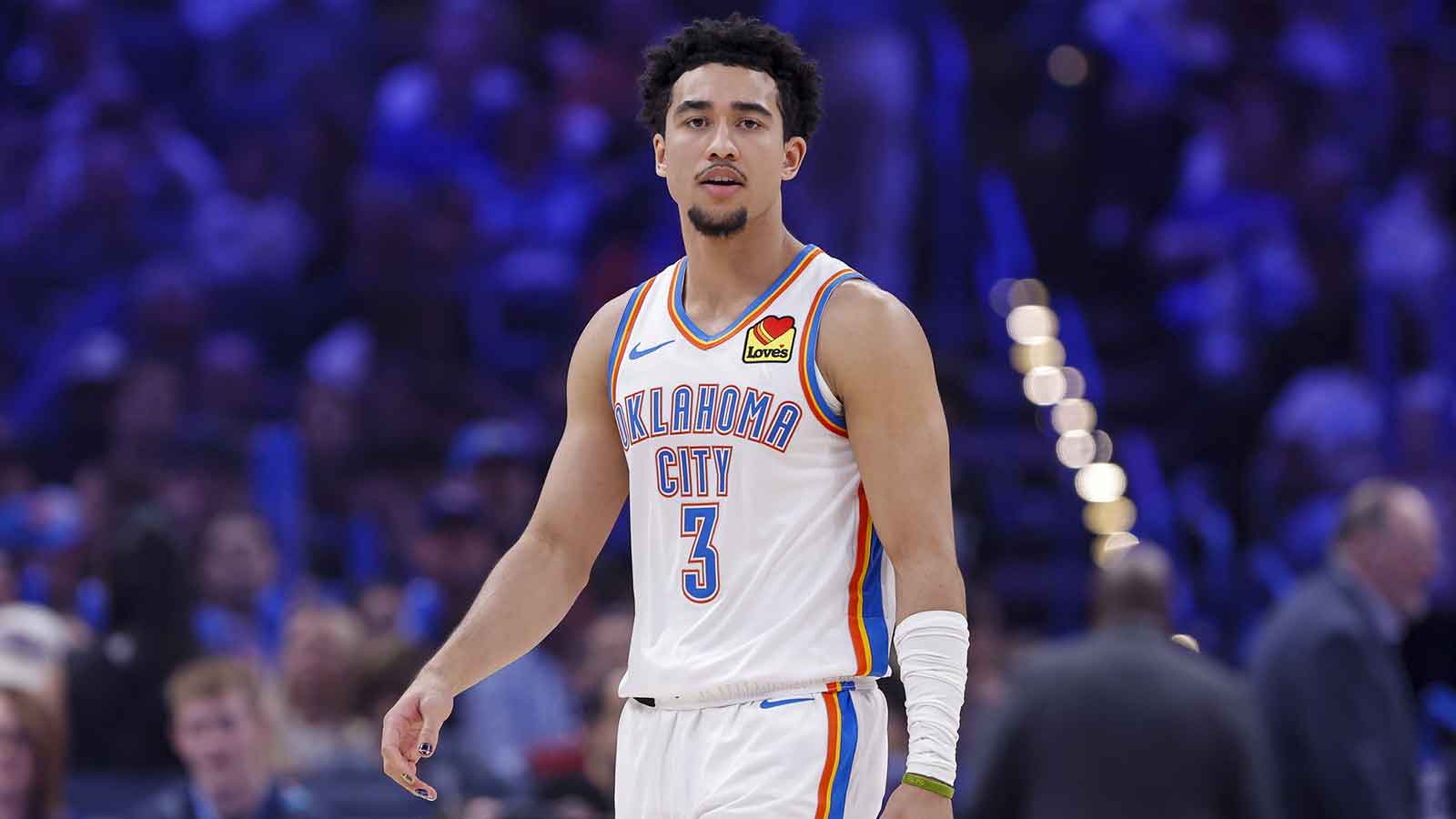 Oklahoma City Thunder guard Jared McCain (3) walks onto the court during the first half