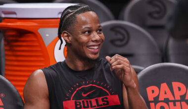 Dec 21, 2025; Atlanta, Georgia, USA; Chicago Bulls forward Isaac Okoro (35) sits on the bench prior to the game against the Atlanta Hawks at State Farm Arena. Mandatory Credit: Dale Zanine-Imagn Images
