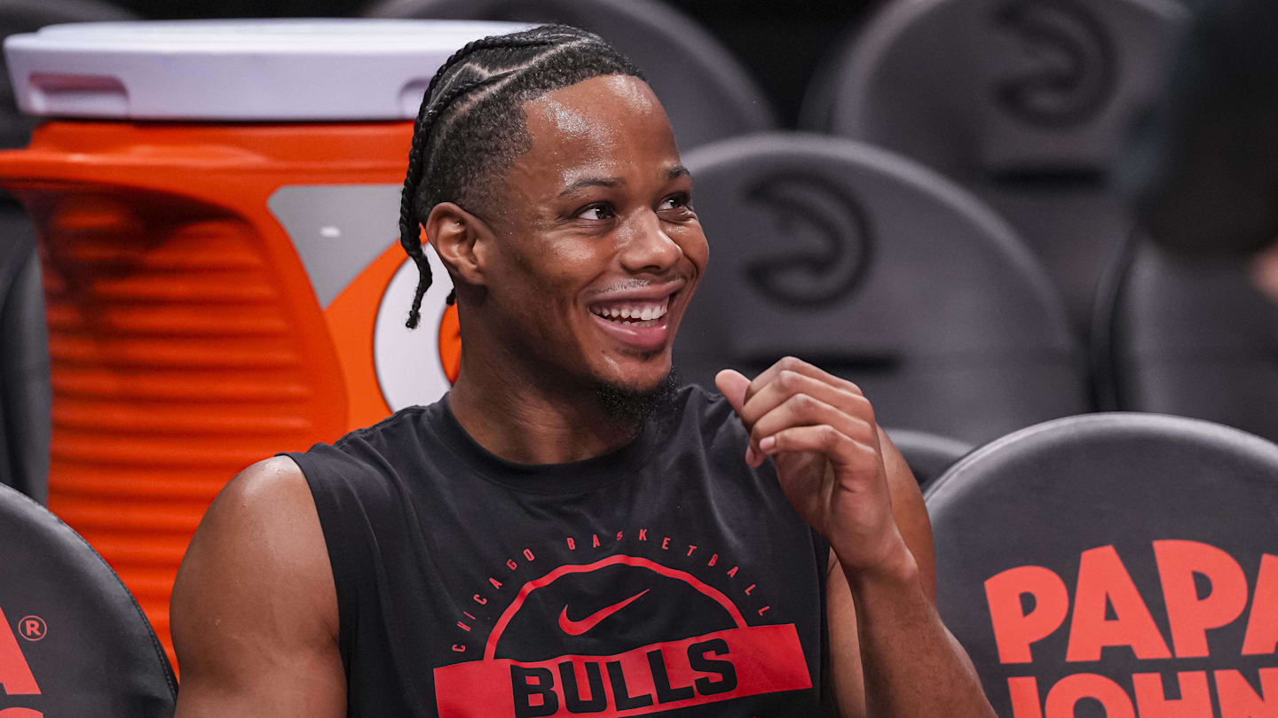 Dec 21, 2025; Atlanta, Georgia, USA; Chicago Bulls forward Isaac Okoro (35) sits on the bench prior to the game against the Atlanta Hawks at State Farm Arena. Mandatory Credit: Dale Zanine-Imagn Images