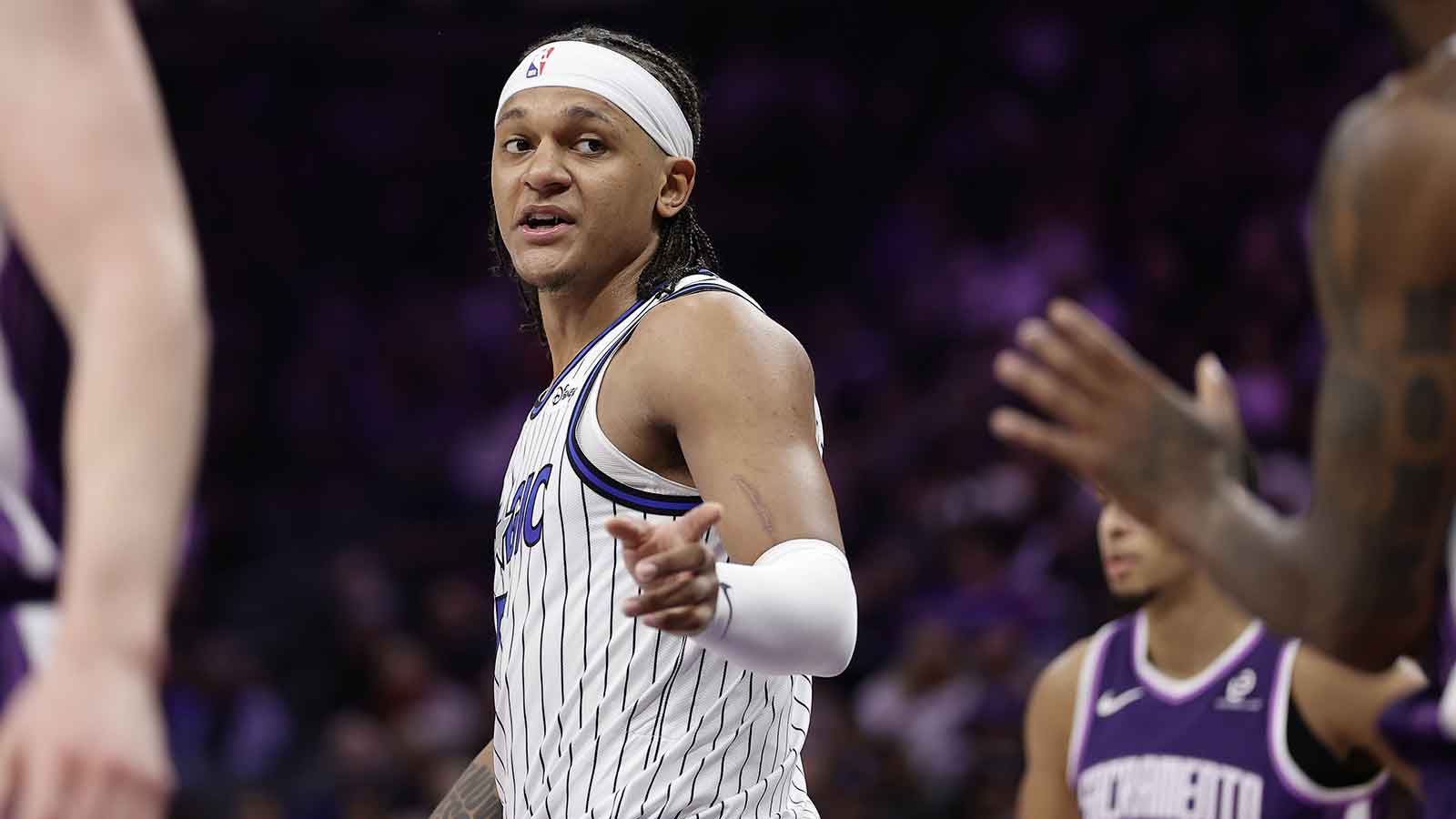 Orlando Magic forward Paolo Banchero (5) looks over his shoulder after a play against the Sacramento Kings during the second quarter at Golden 1 Center.
