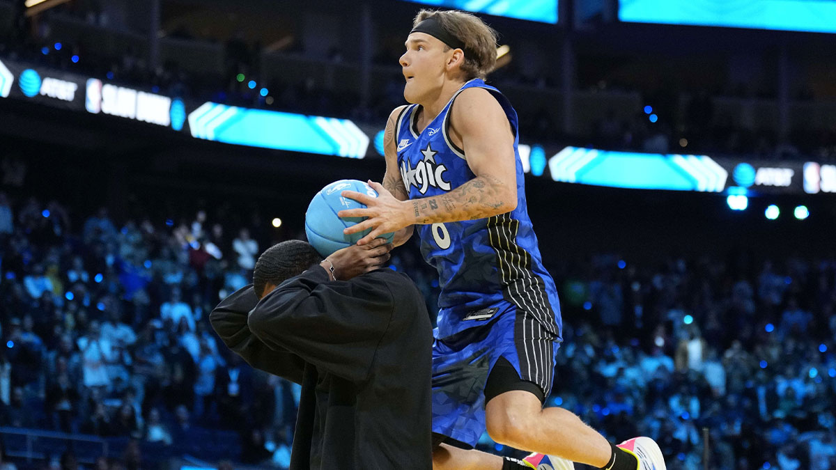 Magic guard Mac McClung competes in the slam dunk competition during All Star Saturday Night ahead of the 2025 NBA All Star Game at Chase Center