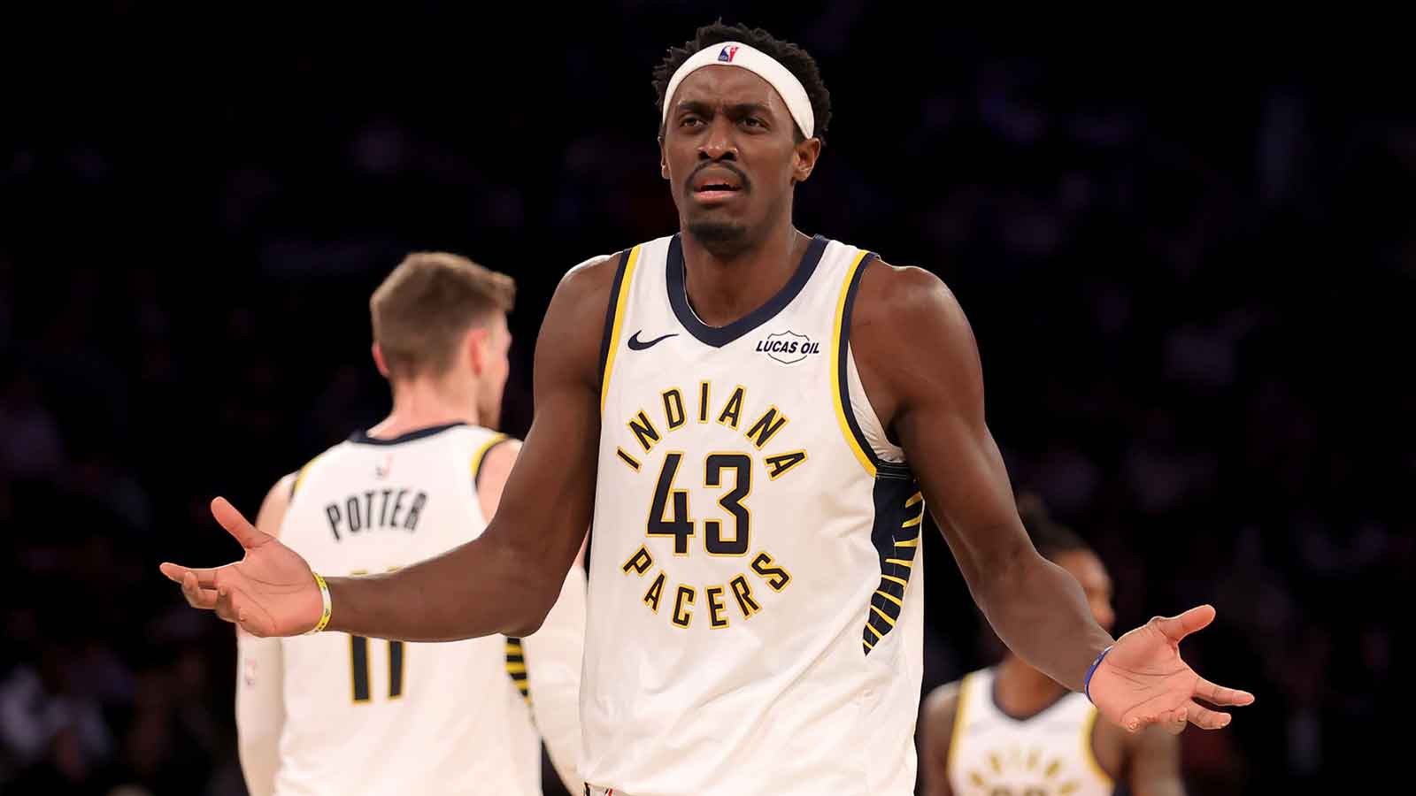 Indiana Pacers forward Pascal Siakam (43) reacts during overtime against the New York Knicks at Madison Square Garden.