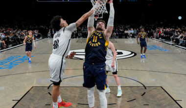 Micah Potter and the Pacers came from behind to spoil the Nets’ bid for a season high-tying third straight win before the All-Star break Wednesday night in Downtown Brooklyn. Photo: Yuki Iwamura/AP