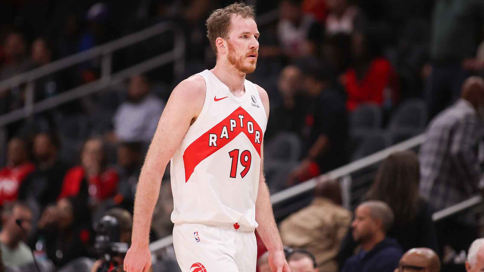 Toronto Raptors center Jakob Poeltl (19) in action against the Atlanta Hawks in the fourth quarter at State Farm Arena.