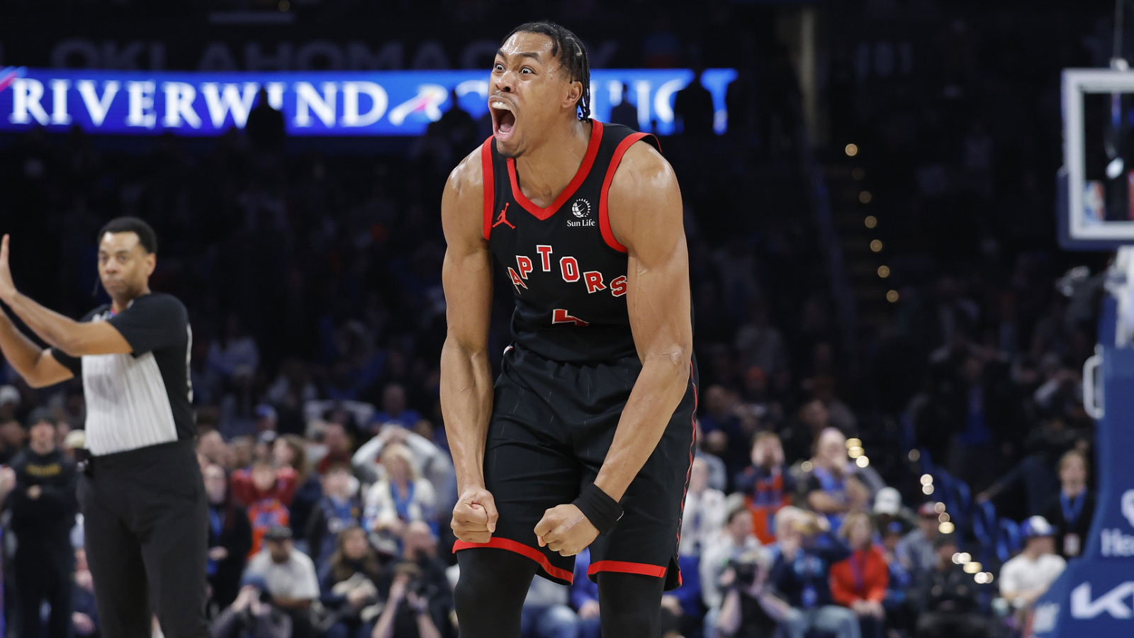 Raptors forward/guard Scottie Barnes (4) celebrates after scoring against the Oklahoma City Thunder during the second half at Paycom Center