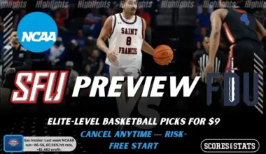 St. Francis (PA) Red Flash vs. Fairleigh Dickinson Knights game preview graphic featuring both team logos, a St. Francis (PA) basketball action background, and a ScoresAndStats “Preview” stats badge (February 12, 2026).