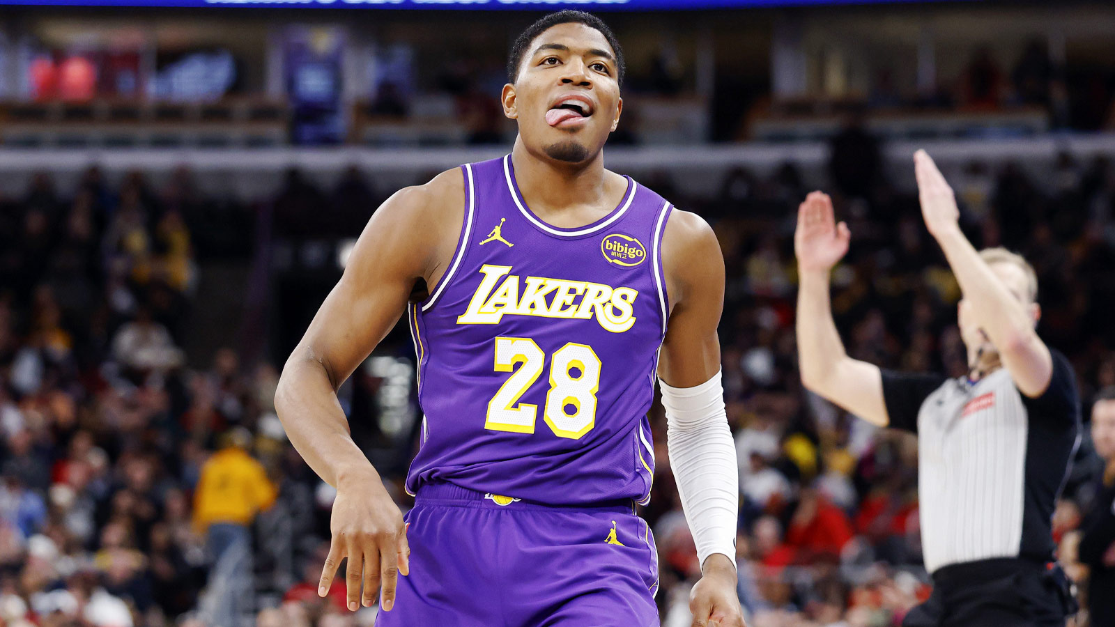 Jan 26, 2026; Chicago, Illinois, USA; Los Angeles Lakers forward Rui Hachimura (28) reacts after scoring against the Chicago Bulls during the second half at United Center. Mandatory Credit: Kamil Krzaczynski-Imagn Images