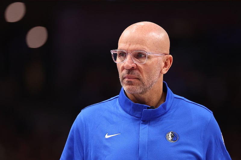 Head coach Jason Kidd of the Dallas Mavericks looks on during the second half against the Golden State Warriors at American Airlines Center.