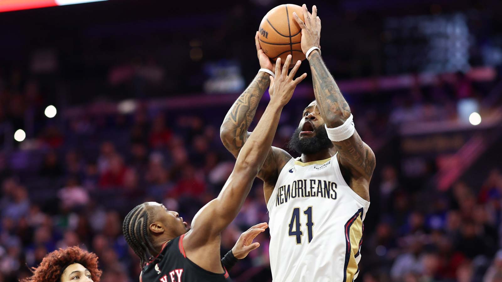 New Orleans Pelicans guard Saddiq Bey (41) shoots against Philadelphia 76ers guard Tyrese Maxey (0) during the first quarter at Xfinity Mobile Arena. 
