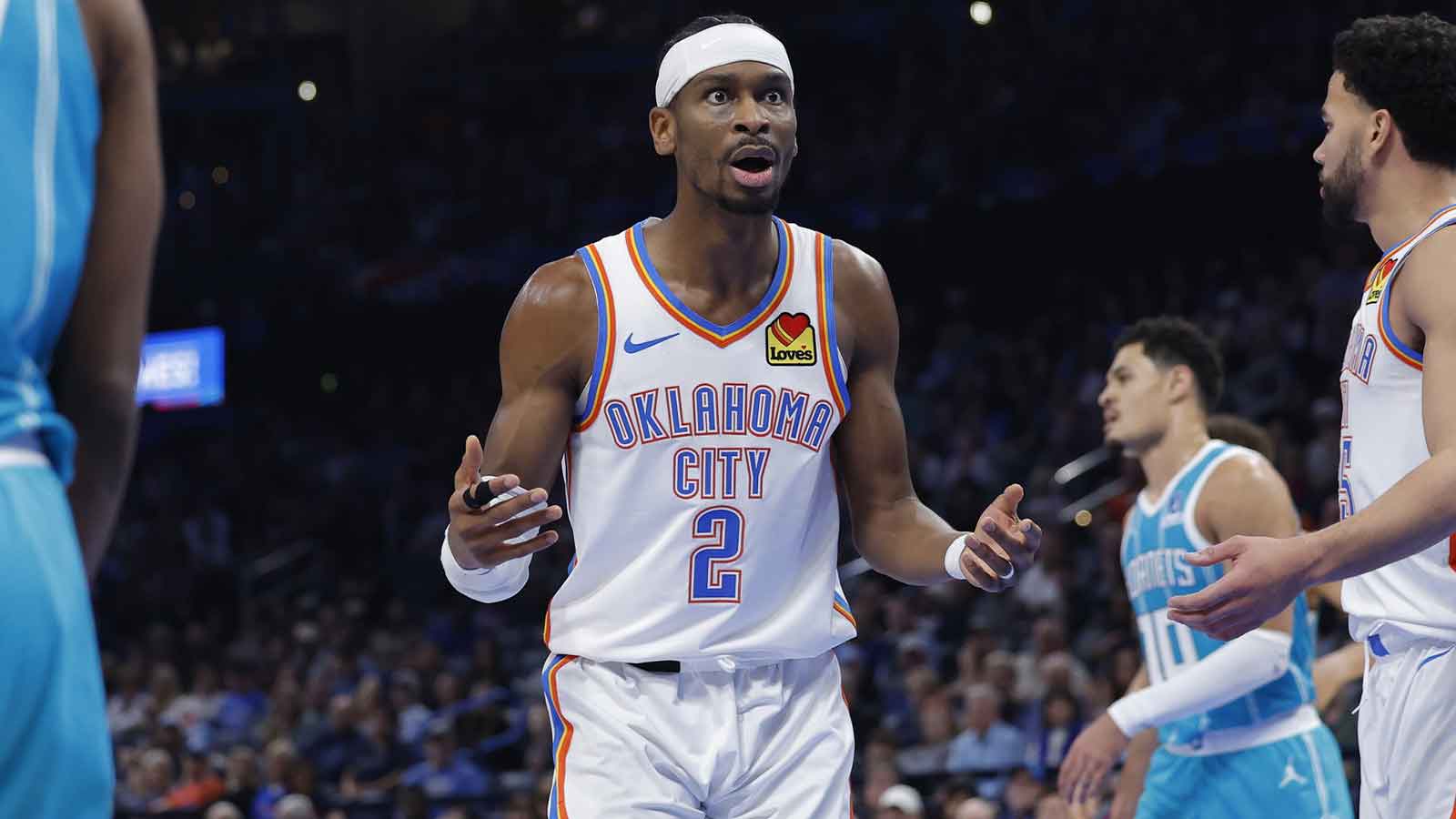 Oklahoma City Thunder guard Shai Gilgeous-Alexander (2) reacts after an official call following a play against the Charlotte Hornets during the second
