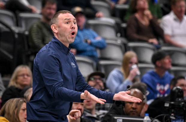 Head coach David Adelman of the Denver Nuggets reacts after a foul call on Jonas Valanciunas (17) after he tangled with Jaylen Wells (0) during the second quarter at Ball Arena in Denver on Wednesday, Feb. 11, 2026. (Photo by AAron Ontiveroz/The Denver Post)