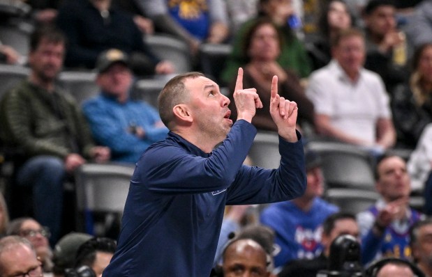 Head coach David Adelman of the Denver Nuggets reacts after a foul call on Jonas Valanciunas (17) after he tangled with Jaylen Wells (0) during the second quarter at Ball Arena in Denver on Wednesday, February 11, 2026. (Photo by AAron Ontiveroz/The Denver Post)