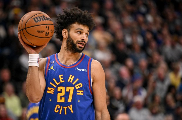 Jamal Murray (27) of the Denver Nuggets reacts to a foul call during the first quarter against the Oklahoma City Thunder at Ball Arena in Denver on Sunday, Feb. 1, 2026. (Photo by AAron Ontiveroz/The Denver Post)