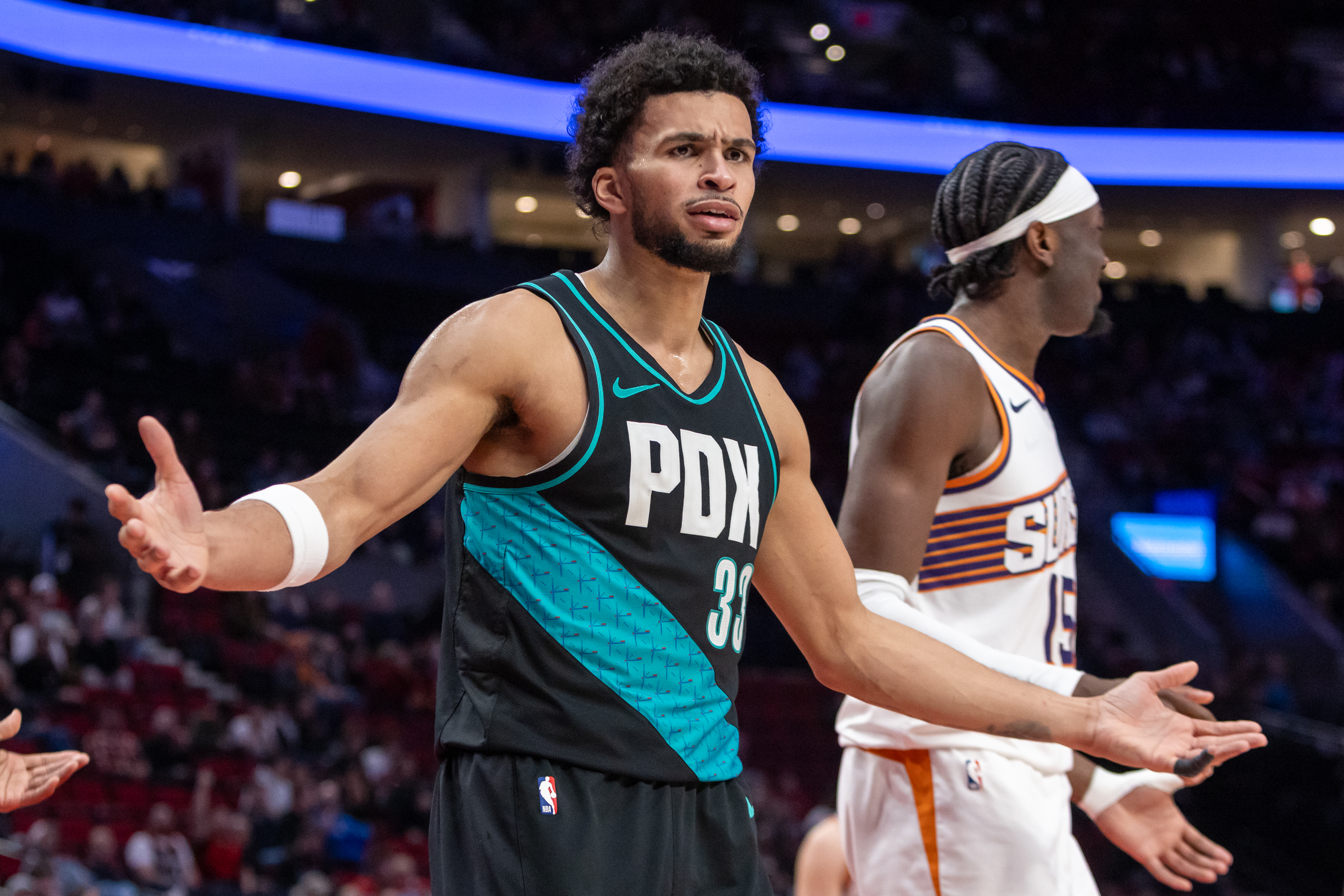 Portland Trail Blazers forward Toumani Camara reacts to a call during an NBA game against the Phoenix Suns at Moda Center on Tuesday, Feb. 3, 2026.