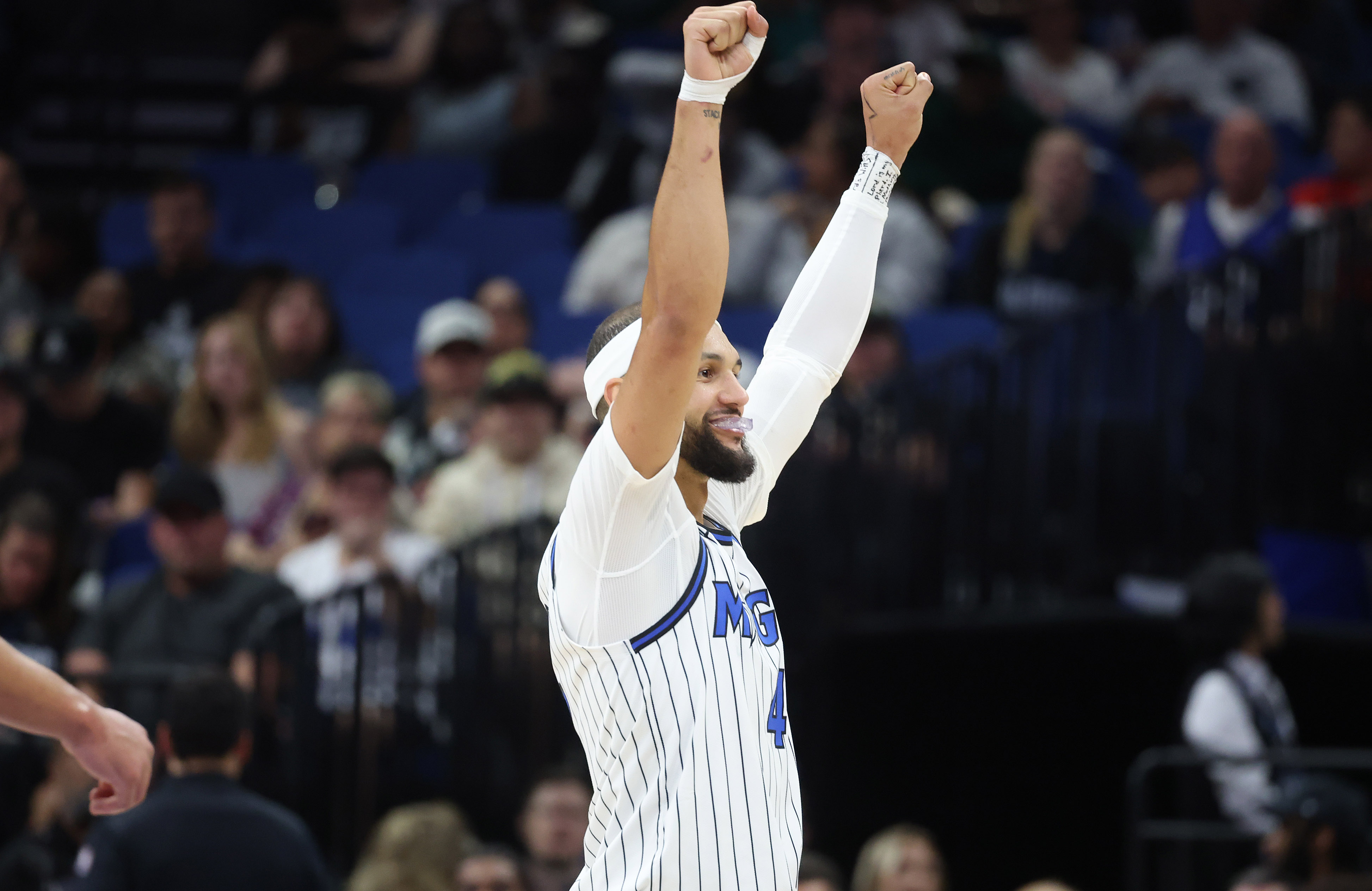 Orlando guard Jalen Suggs celebrates during the Milwaukee Bucks at...