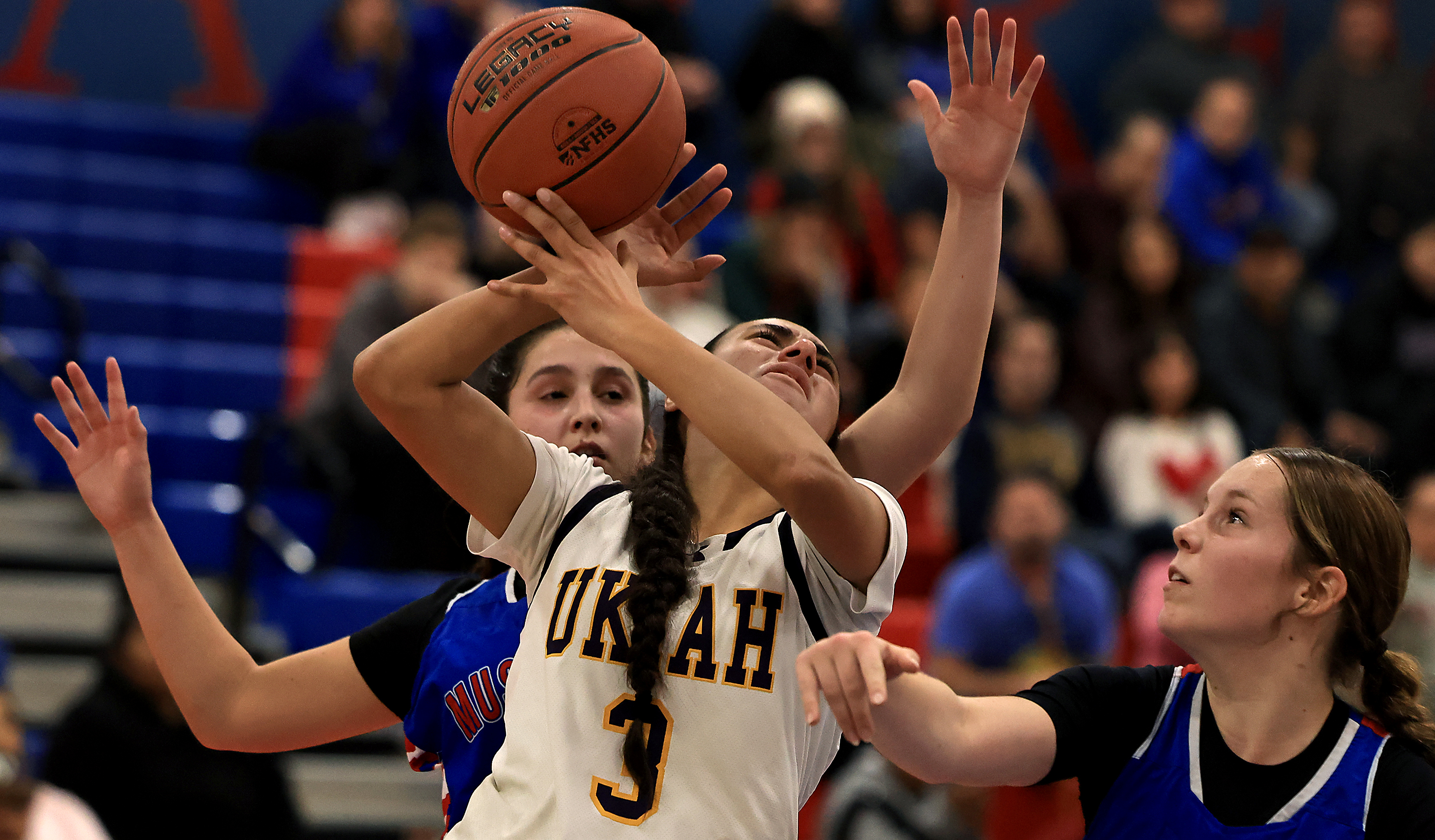Lara Urfer, left, and Andrea Hartmann of St. Vincent block...