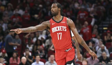 Feb 10, 2026; Houston, Texas, USA; Houston Rockets forward Tari Eason (17) reacts after scoring a basket during the first quarter against the Los Angeles Clippers at Toyota Center. Mandatory Credit: Troy Taormina-Imagn Images