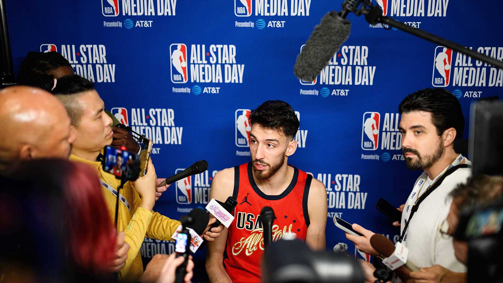 Chet Holmgren speaks during interviews at media day at Intuit Dome