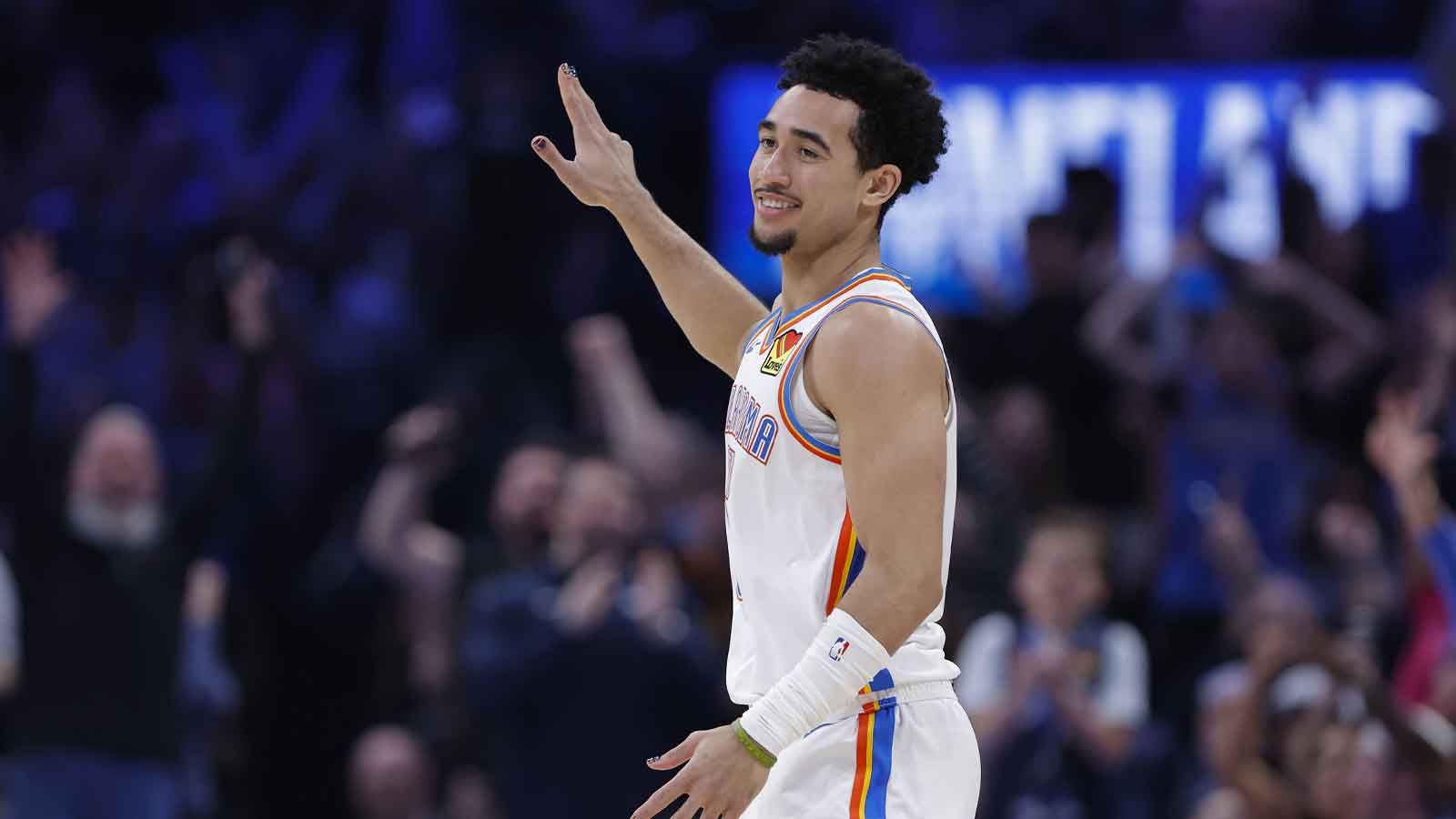 Thunder guard Jared McCain (3) gestures after scoring against the Houston Rockets during the second half at Paycom Center