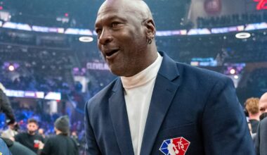 February 20, 2022; Cleveland, Ohio, USA; NBA great Michael Jordan is honored for being selected to the NBA 75th Anniversary Team during halftime in the 2022 NBA All-Star Game at Rocket Mortgage FieldHouse. Mandatory Credit: Kyle Terada-Imagn Images