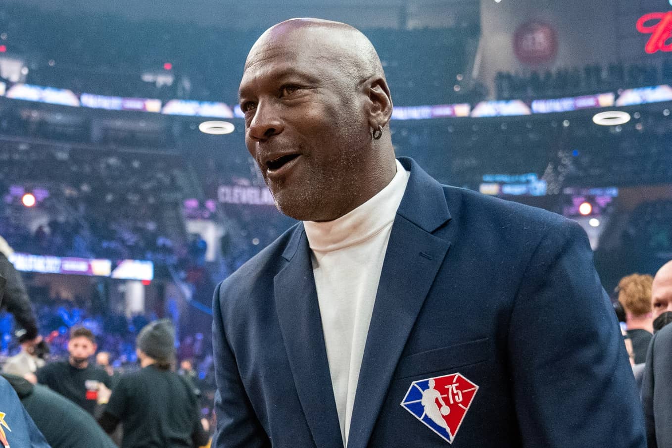 February 20, 2022; Cleveland, Ohio, USA; NBA great Michael Jordan is honored for being selected to the NBA 75th Anniversary Team during halftime in the 2022 NBA All-Star Game at Rocket Mortgage FieldHouse. Mandatory Credit: Kyle Terada-Imagn Images