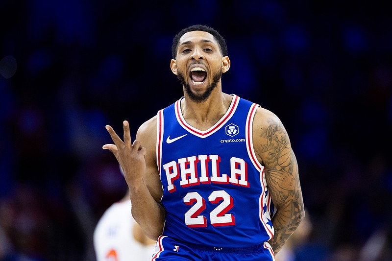 Apr 25, 2024; Philadelphia, Pennsylvania, USA; Philadelphia 76ers guard Cameron Payne (22) reacts to his three pointer against the New York Knicks during the second quarter of game three of the first round for the 2024 NBA playoffs at Wells Fargo Center. Mandatory Credit: Bill Streicher-USA TODAY Sports
