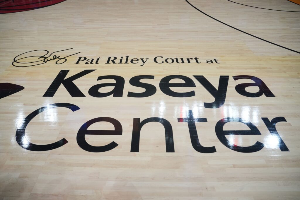 Oct 23, 2024; Miami, Florida, USA; The new logo for Pat Riley Court at Kaseya Center before the game between the Orlando Magic and the Miami Heat. Mandatory Credit: Jim Rassol-Imagn Images